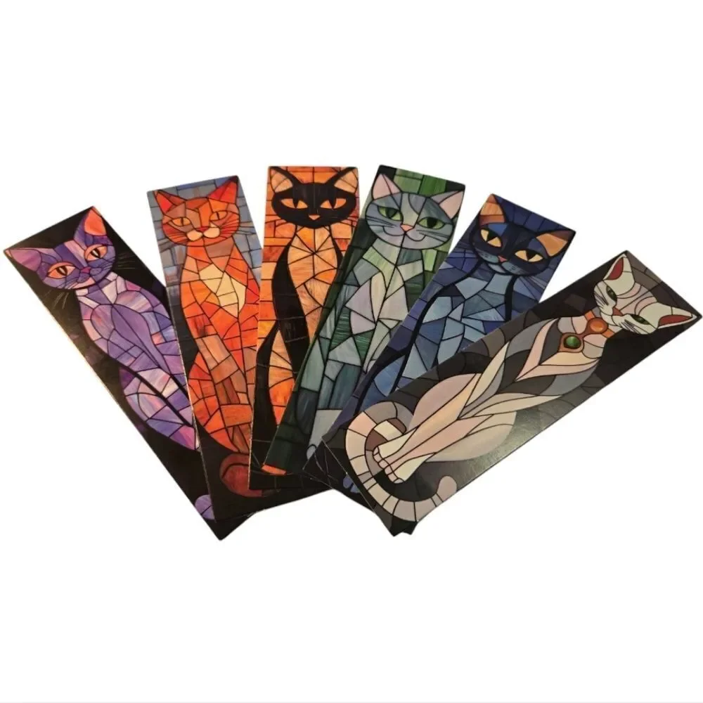 6pc Black Cat Bookmark Set Stained Glass Mosaic Bookmarks Gothic Kawaii Reading